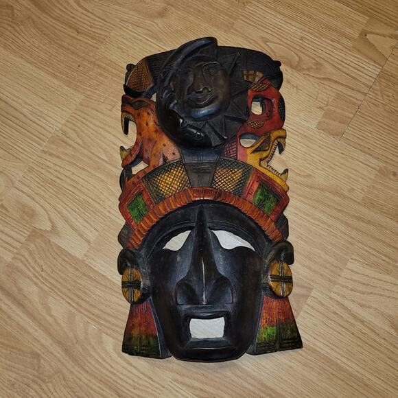 Vntg Hand Painted Hand Carved Myan Aztec Warrior Masks Sighned Set Of 6 Mexican - Picture 5 of 13